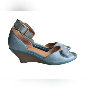 Miz Mooz Sandal Wedge Heels Teal Blue Button Vintage Rockabilly Sz 6.5